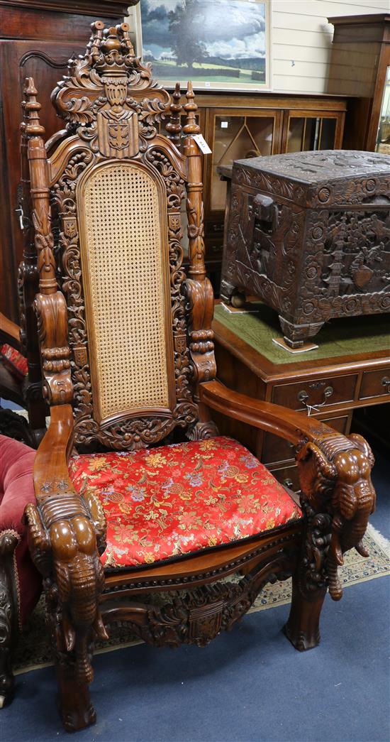A pair of Thai carved hardwood Throne chairs W.92cm